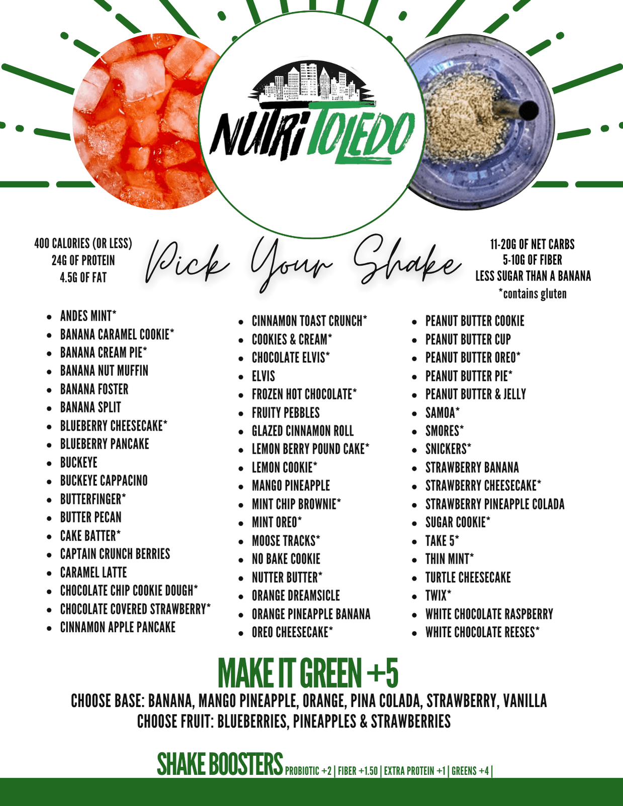 NutriToledo shakes menu board — 400-calorie meal-replacement protein shakes and shake boosters