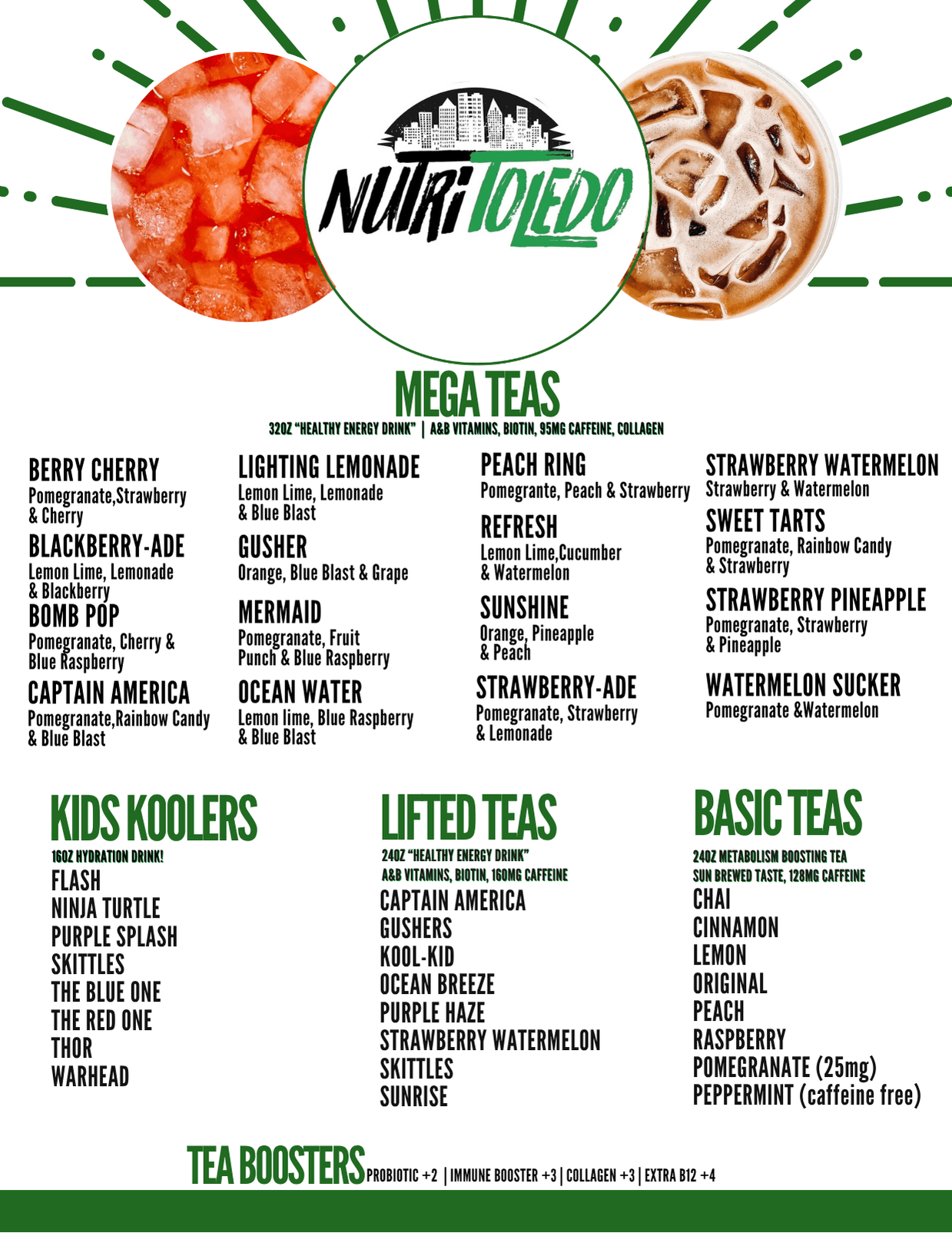 NutriToledo menu board — mega teas, kids koolers, lifted teas, and basic teas