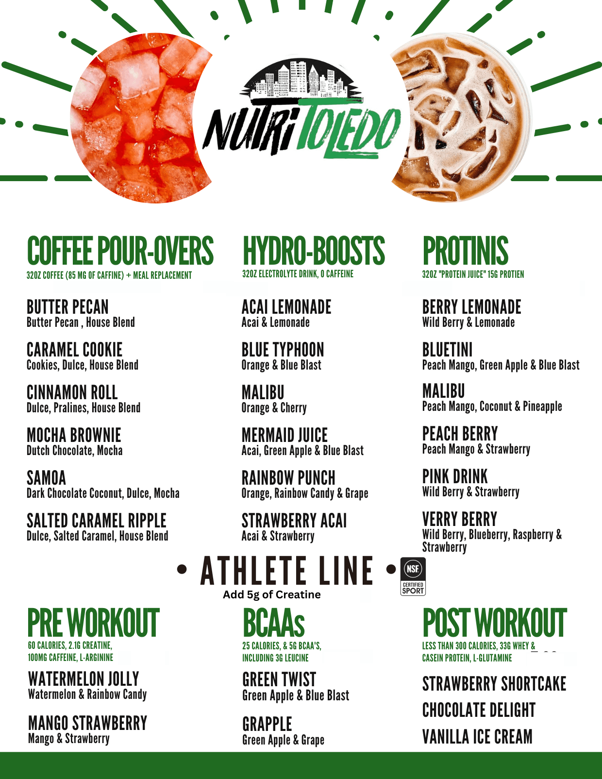NutriToledo menu board — coffee pour-overs, hydro-boosts, protinis, and the athlete line
